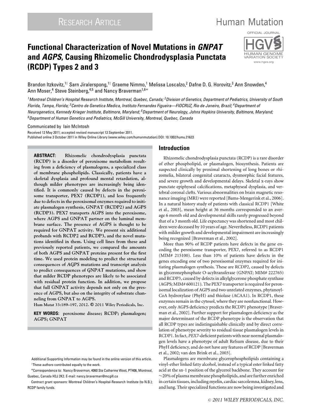 Functional Characterization of Novel Mutations in GNPAT and AGPS, Causing Rhizomelic Chondrodysplasia Punctata (RCDP) Types 2 and 3