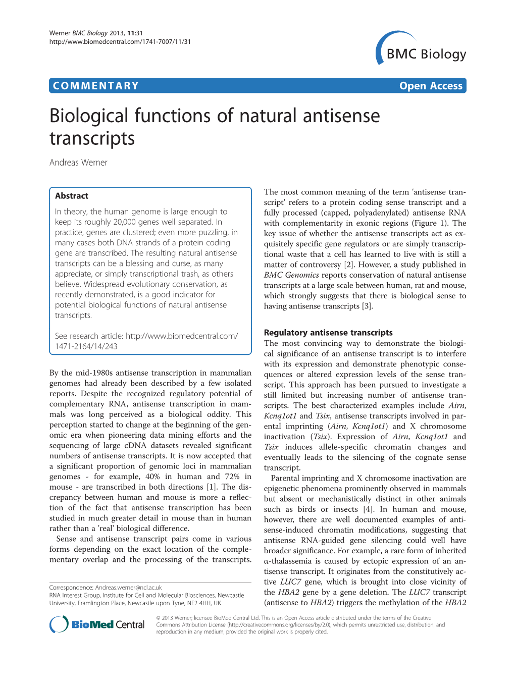 Biological Functions of Natural Antisense Transcripts Andreas Werner