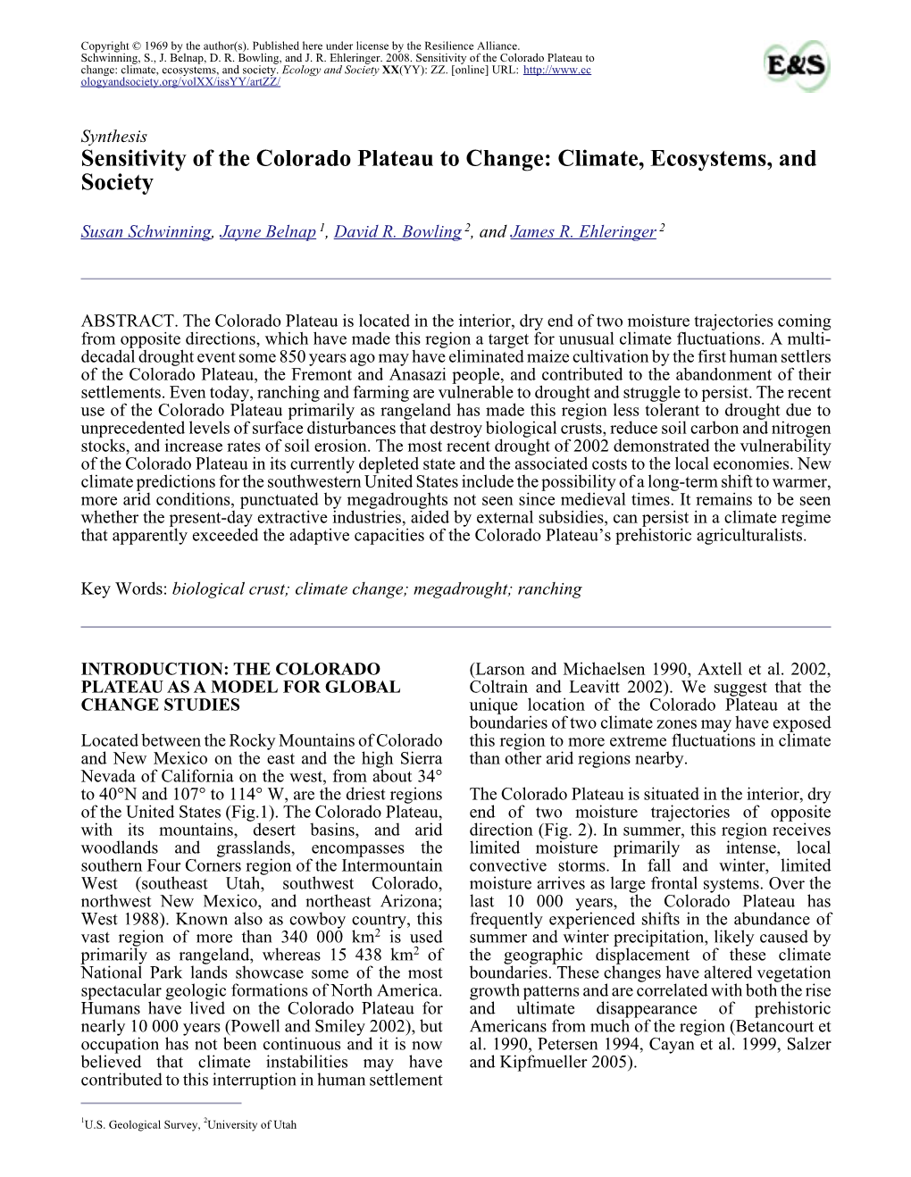 Sensitivity of the Colorado Plateau to Change: Climate, Ecosystems, and Society