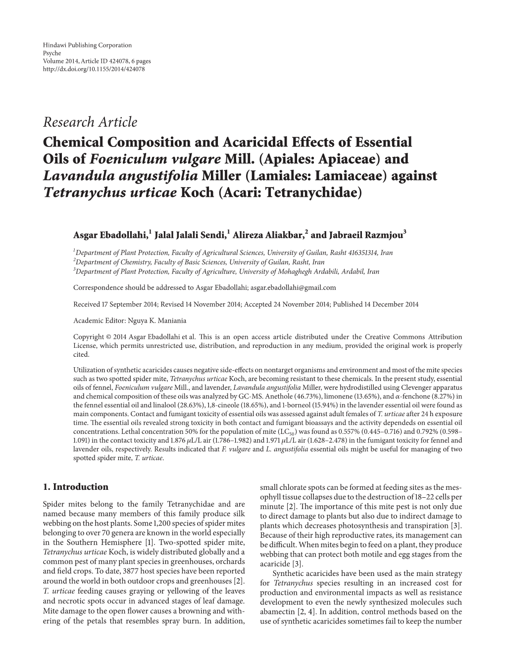 Chemical Composition and Acaricidal Effects of Essential Oils of Foeniculum Vulgare Mill