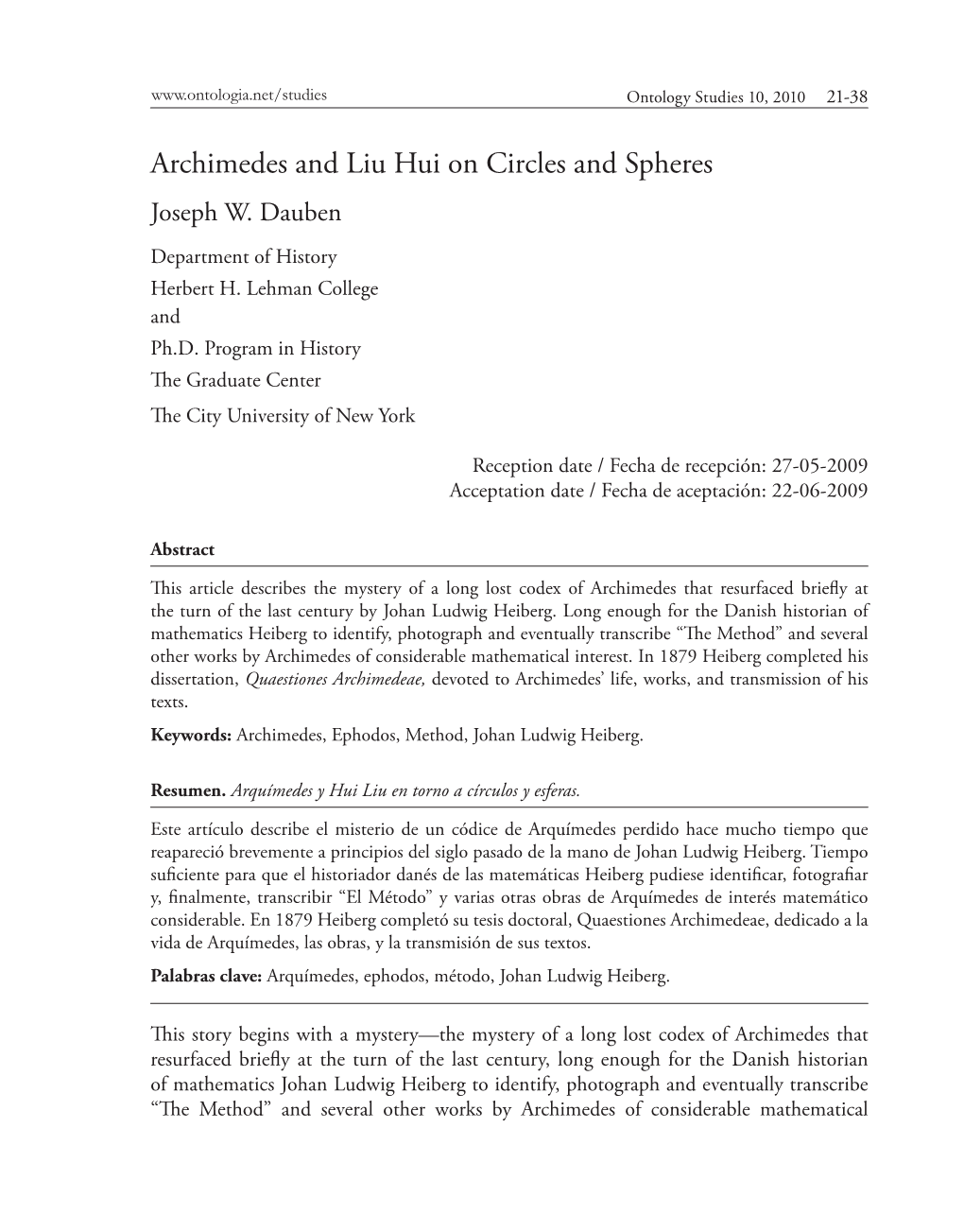 Archimedes and Liu Hui on Circles and Spheres Joseph W