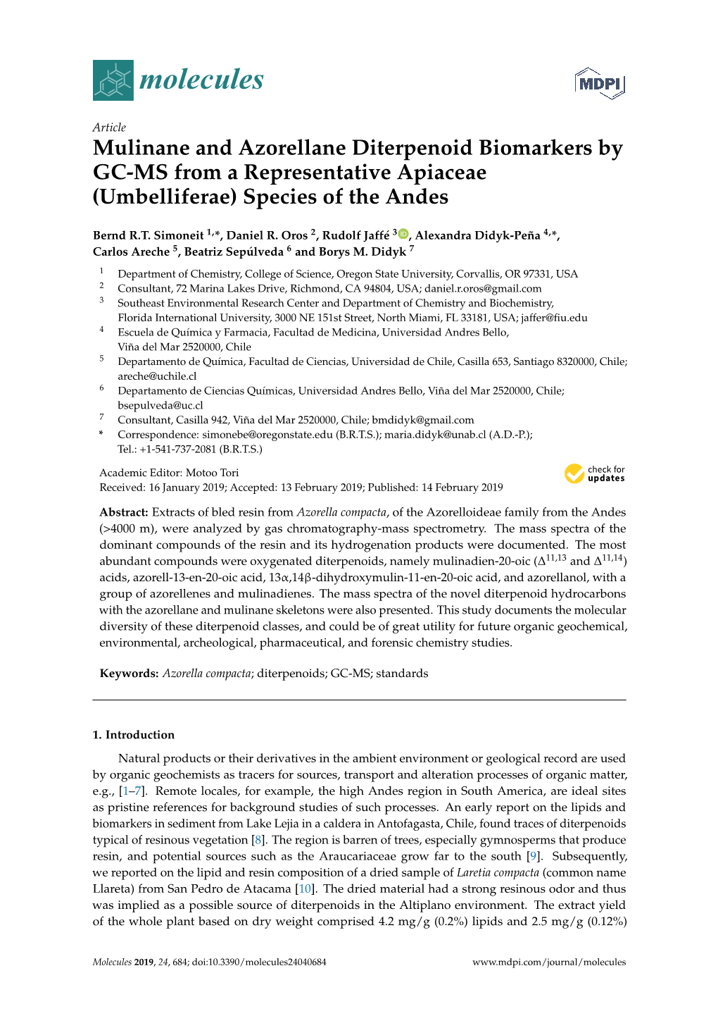 Mulinane and Azorellane Diterpenoid Biomarkers by GC-MS from a Representative Apiaceae (Umbelliferae) Species of the Andes