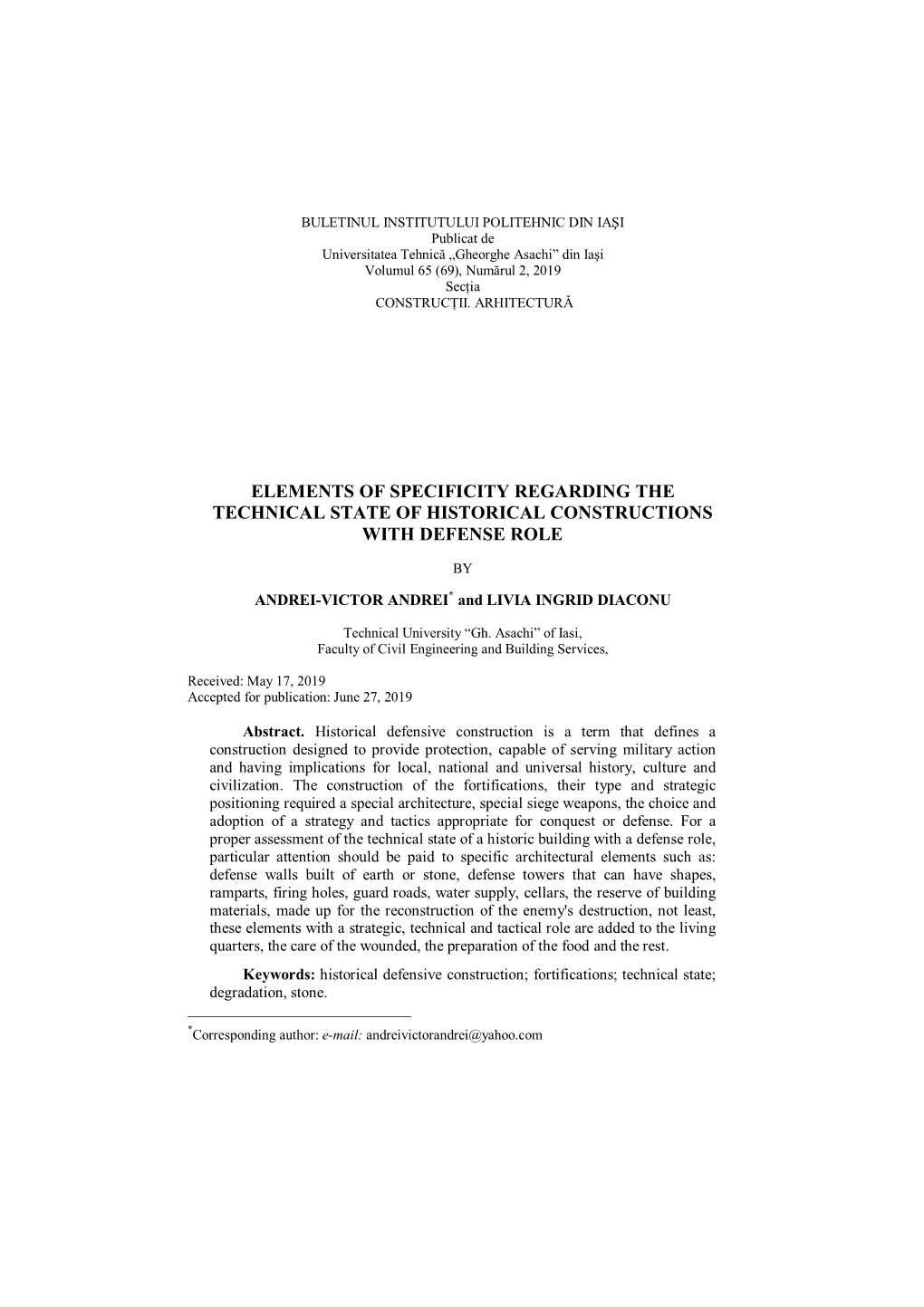 Elements of Specificity Regarding the Technical State of Historical Constructions with Defense Role