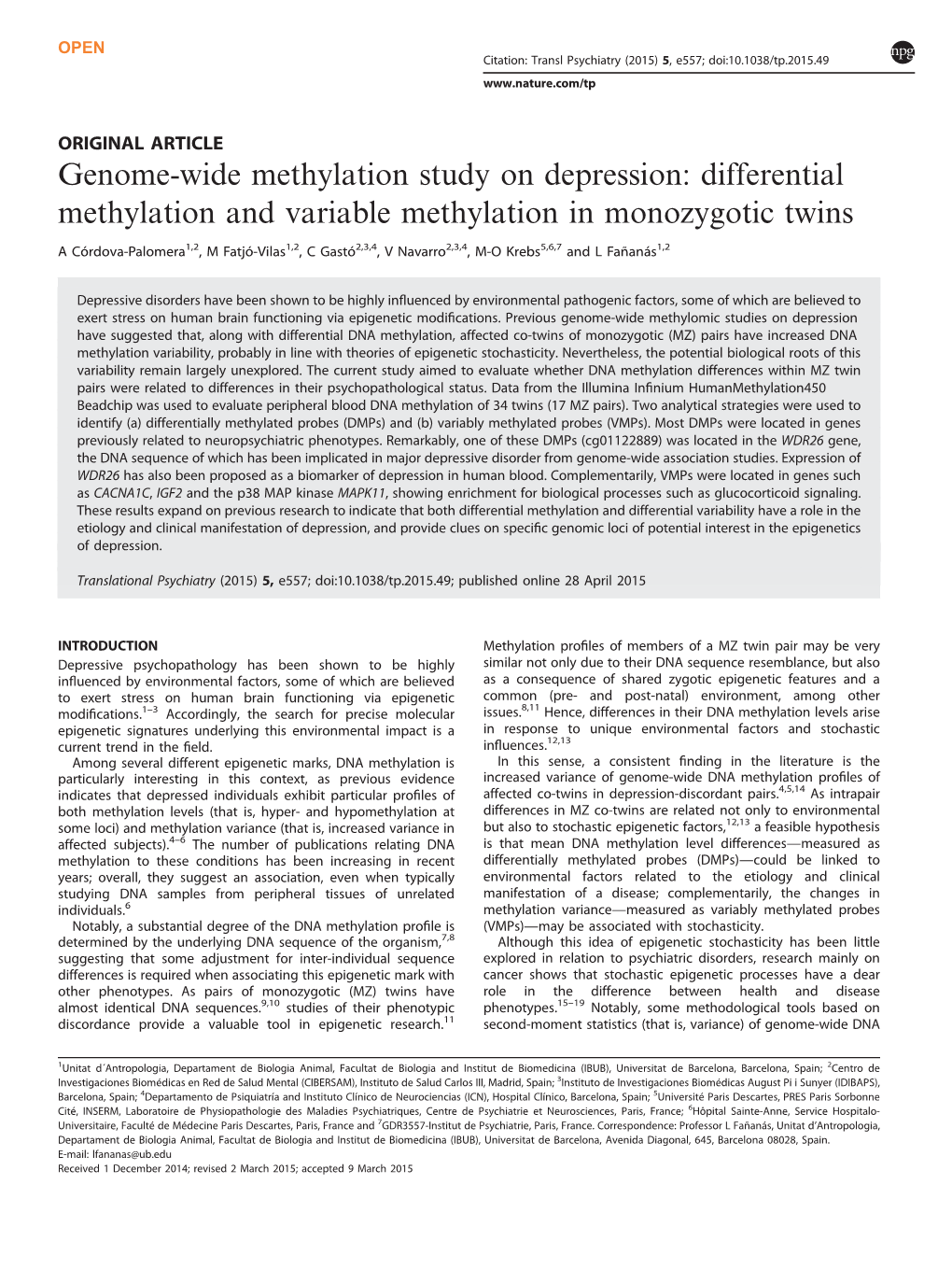 Genome-Wide Methylation Study on Depression: Differential Methylation and Variable Methylation in Monozygotic Twins