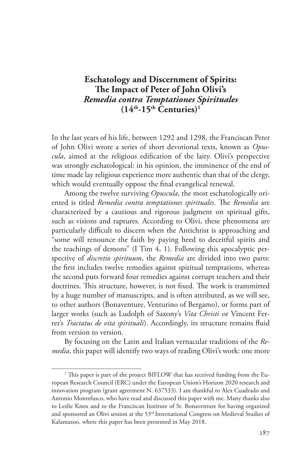 Eschatology and Discernment of Spirits: the Impact of Peter of John Olivi’S Remedia Contra Temptationes Spirituales (14Th-15Th Centuries)1