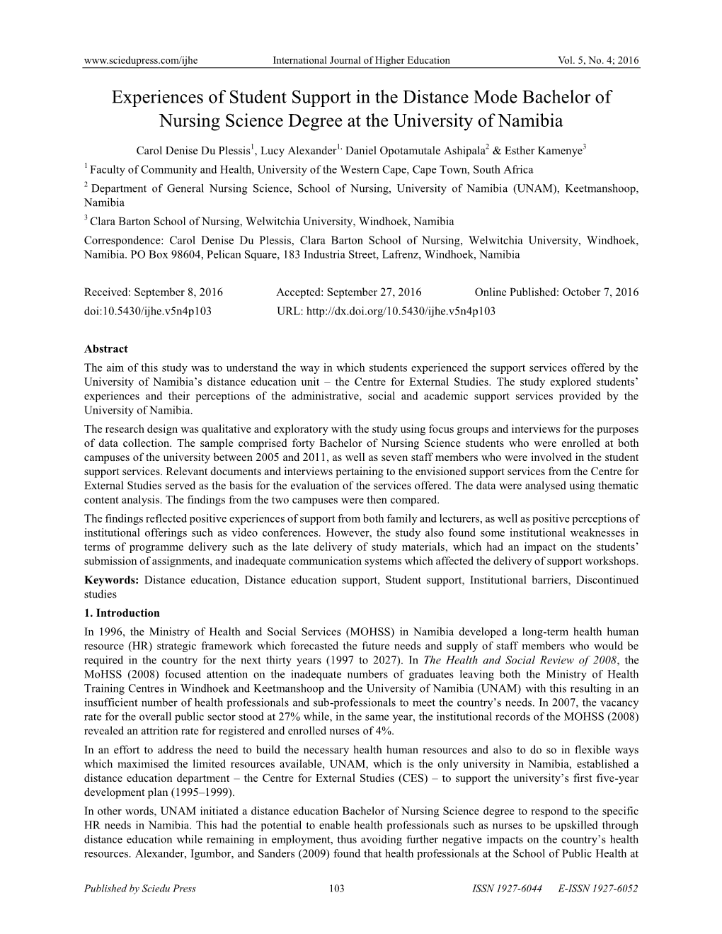 Experiences of Student Support in the Distance Mode Bachelor of Nursing Science Degree at the University of Namibia