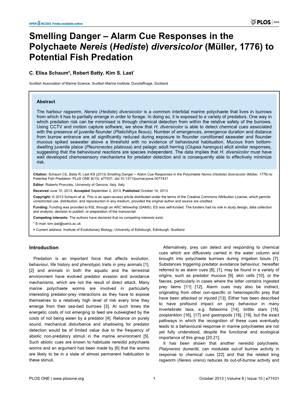 (Hediste) Diversicolor (Müller, 1776) to Potential Fish Predation