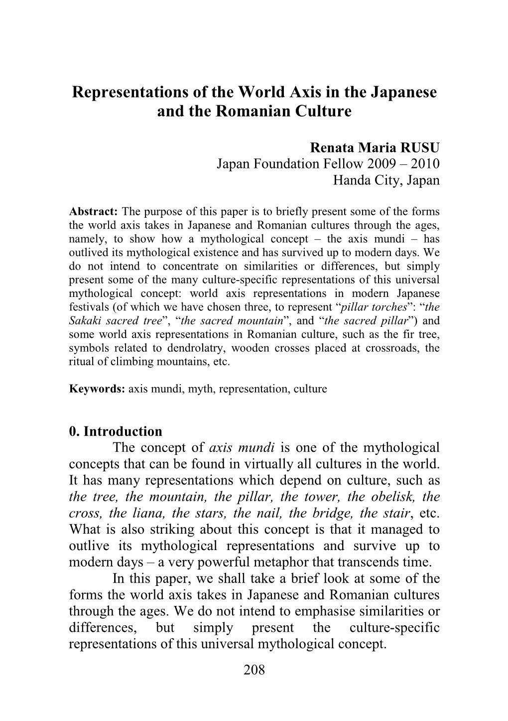 Representations of the World Axis in the Japanese and the Romanian Culture