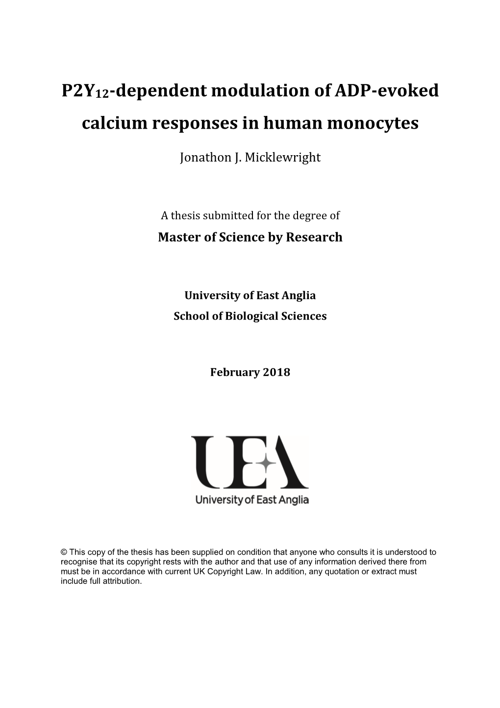 P2Y12-Dependent Modulation of ADP-Evoked Calcium Responses in Human Monocytes