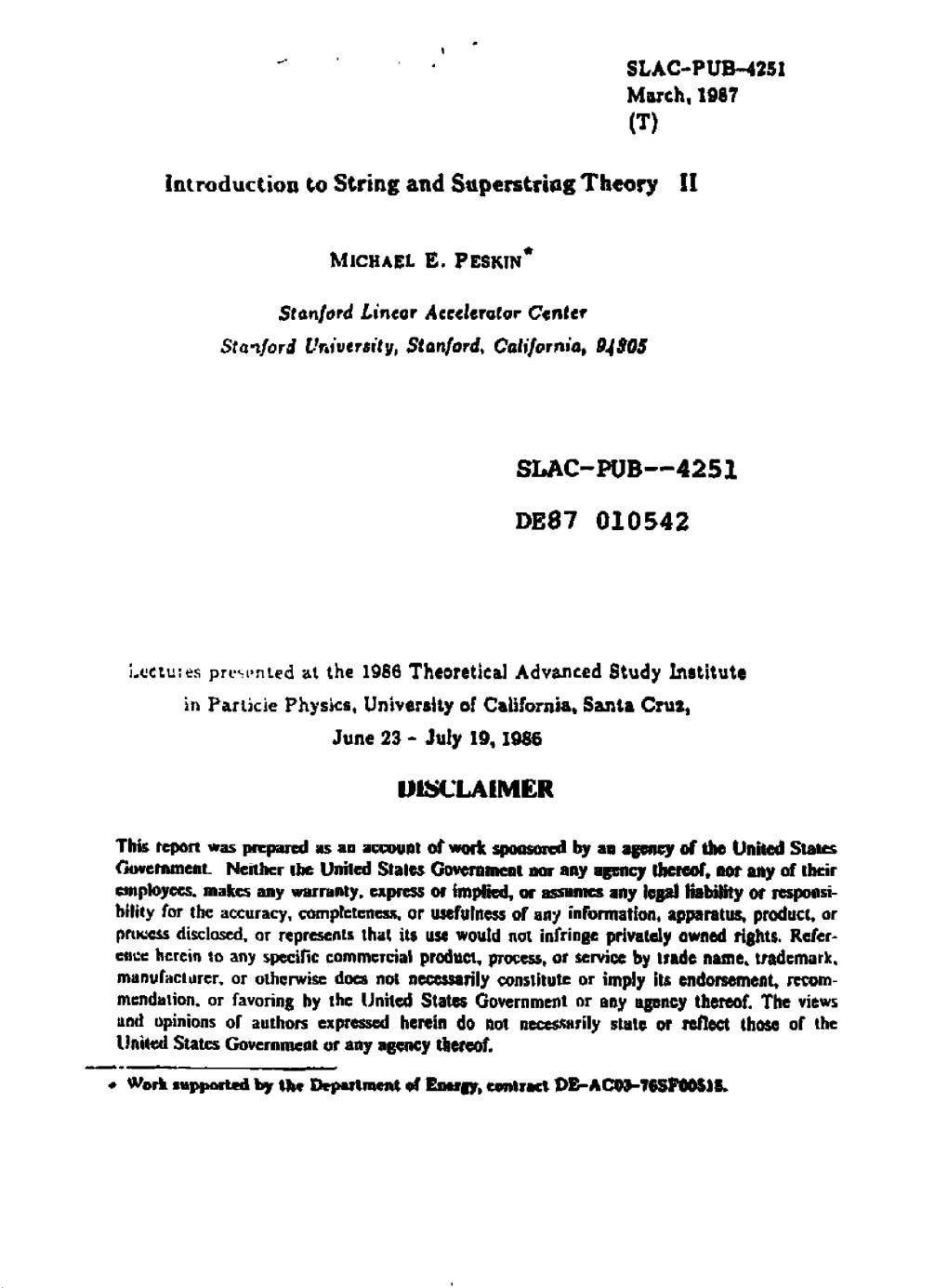 Introduction Co String and Superstrtog Theory II SLAC-PUB--4251 DE87