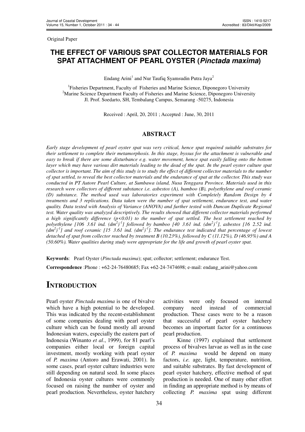 The Effect of Various Spat Collector Materials to Spat Attachment