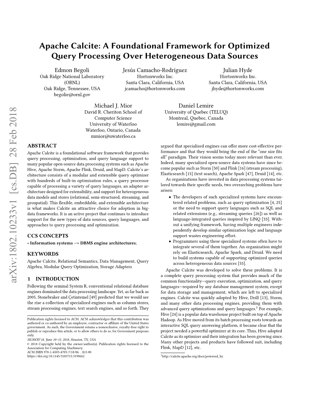 Apache Calcite: a Foundational Framework for Optimized Query Processing Over Heterogeneous Data Sources