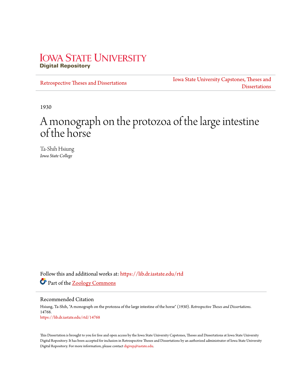 A Monograph on the Protozoa of the Large Intestine of the Horse Ta-Shih Hsiung Iowa State College