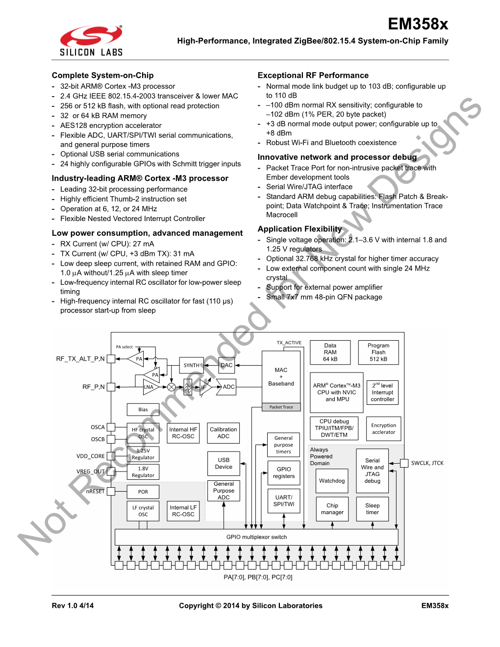 Em358x High-Performance, Integrated Zigbee/802.15.4 System-On-Chip Family