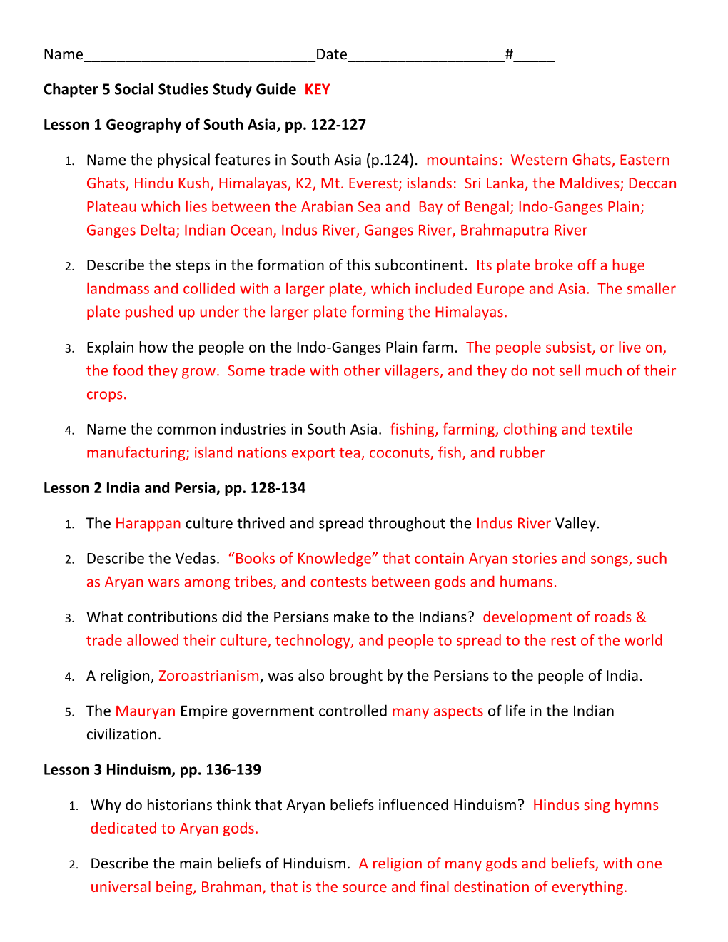 Chapter 5 Social Studies Study Guide KEY