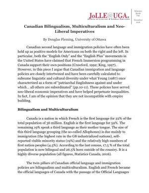 Canadian Bilingualism, Multiculturalism and Neo- Liberal Imperatives