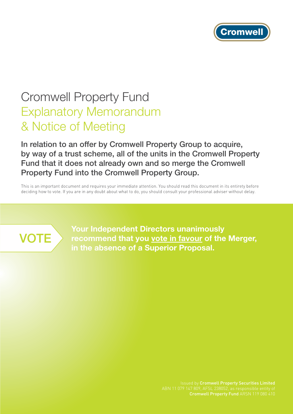 Cromwell Property Fund Explanatory Memorandum & Notice of Meeting