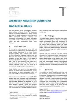 Arbitration Newsletter Switzerland CAS Held in Check