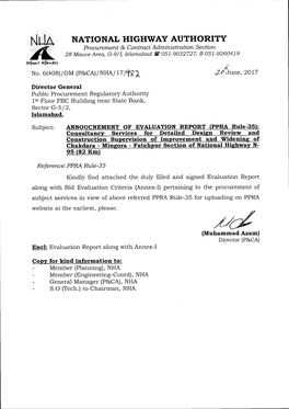 NATIONAL HIGHWAY AUTHORITY Procurement & Contract Administration Section 28 Mauuearea, G-9/1,Islamabad I 051-9032727,E 051-9260419 [Ri[No,Vrisn*Avs /L No