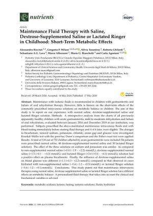 Maintenance Fluid Therapy with Saline, Dextrose-Supplemented Saline Or Lactated Ringer in Childhood: Short-Term Metabolic Effect