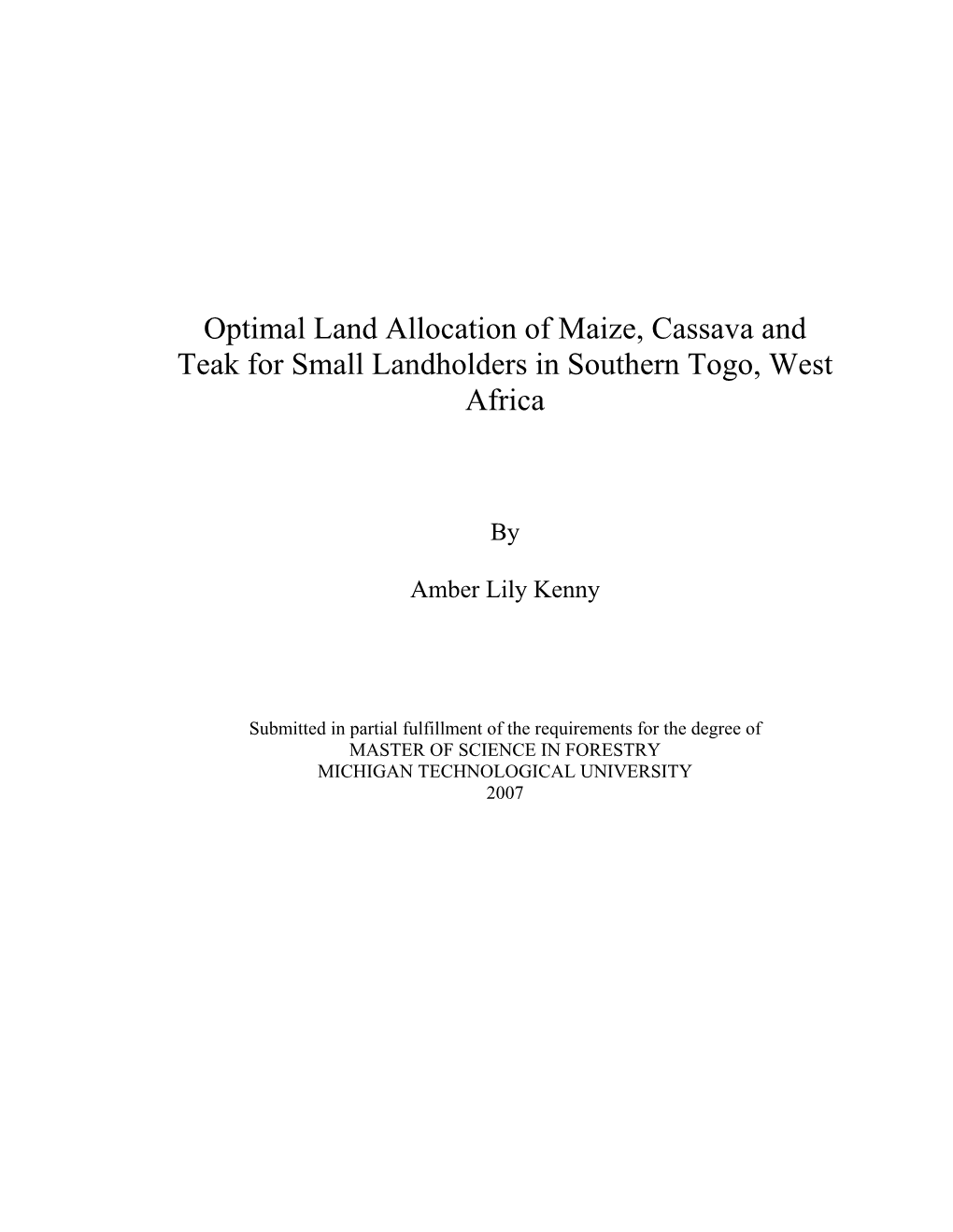 Optimal Land Allocation of Maize, Cassava and Teak for Small Landholders in Southern Togo, West Africa