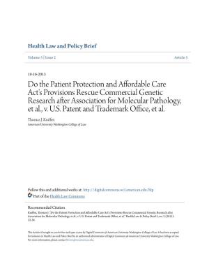 Do the Patient Protection and Affordable Care Act's Provisions Rescue Commercial Genetic Research After Association for Molecular Pathology, Et Al., V