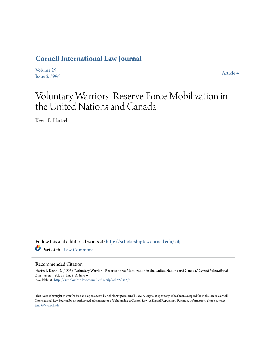 Voluntary Warriors: Reserve Force Mobilization in the United Nations and Canada Kevin D