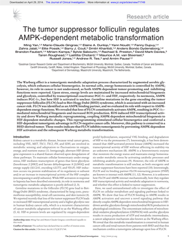 The Tumor Suppressor Folliculin Regulates AMPK-Dependent Metabolic Transformation Ming Yan,1,2 Marie-Claude Gingras,1,2 Elaine A