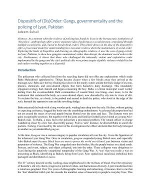 Dispositifs of (Dis)Order: Gangs, Governmentality and the Policing of Lyari, Pakistan Adeem Suhail