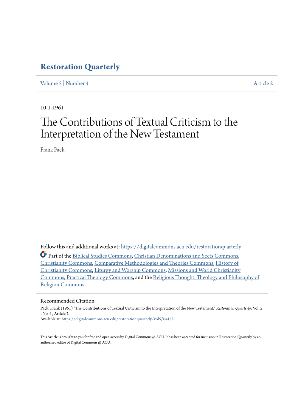 The Contributions of Textual Criticism to the Interpretation of the New Testament