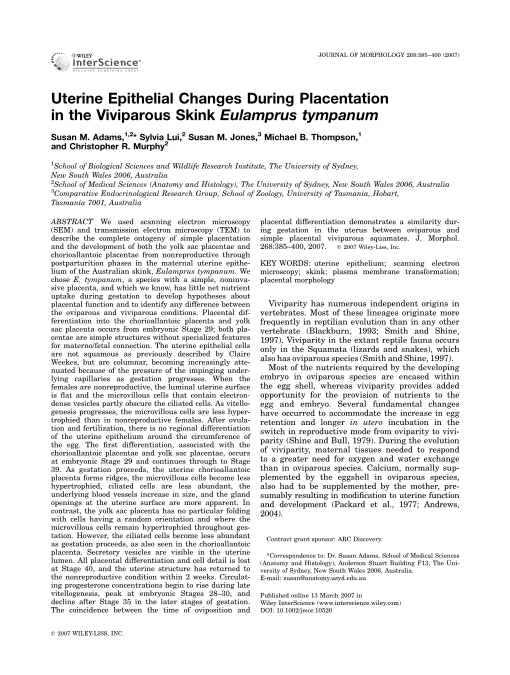 Uterine Epithelial Changes During Placentation in the Viviparous Skink Eulamprus Tympanum