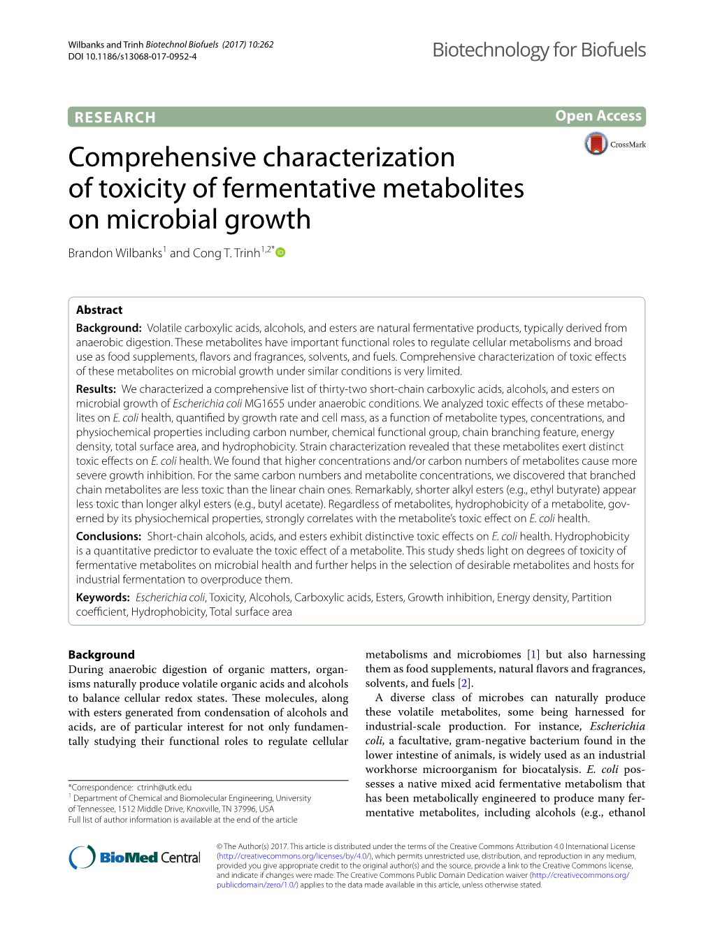 Comprehensive Characterization of Toxicity of Fermentative Metabolites on Microbial Growth Brandon Wilbanks1 and Cong T