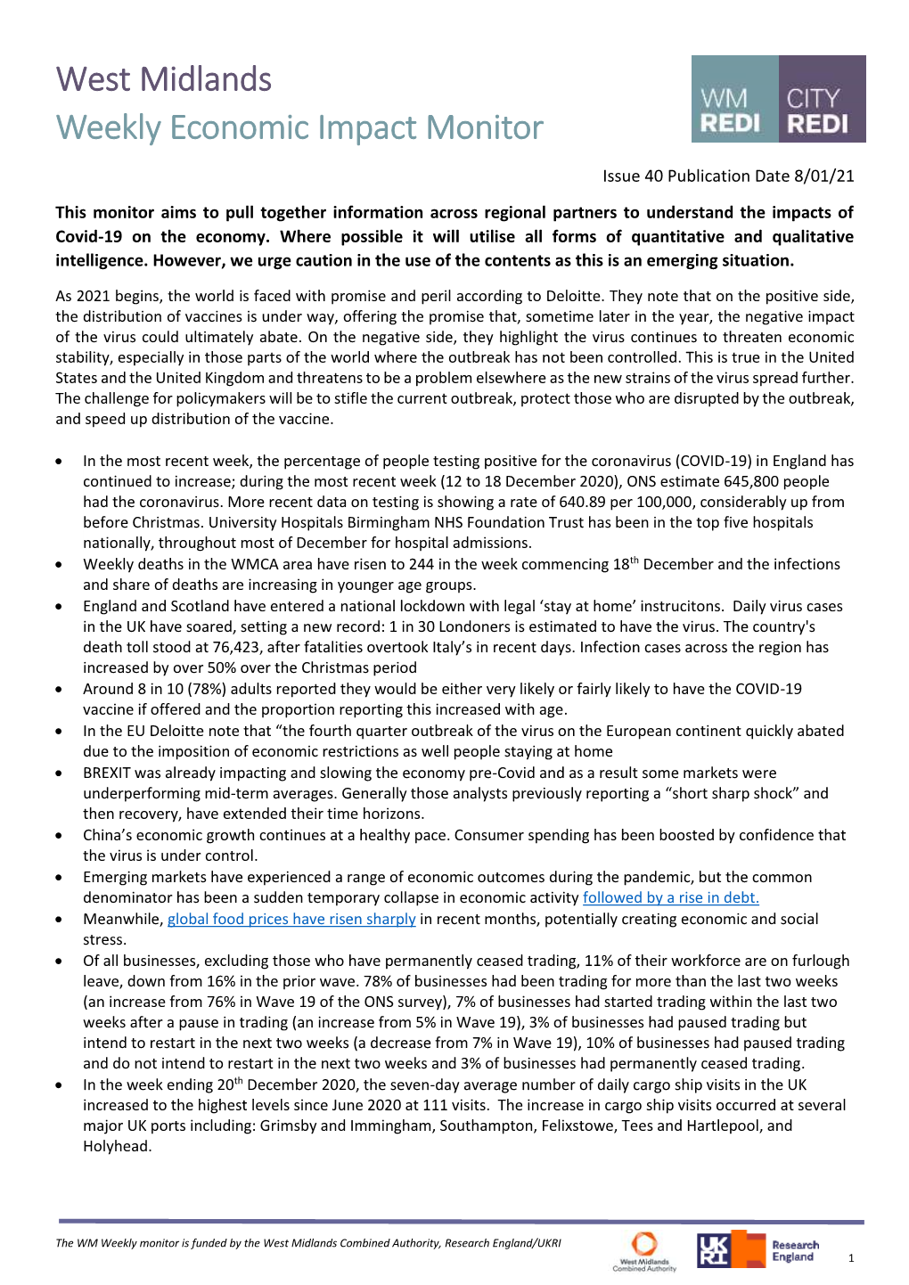 West Midlands Weekly Economic Impact Monitor