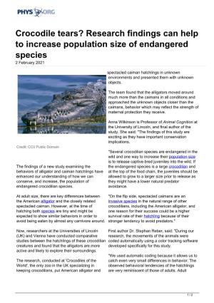 Crocodile Tears? Research Findings Can Help to Increase Population Size of Endangered Species 2 February 2021