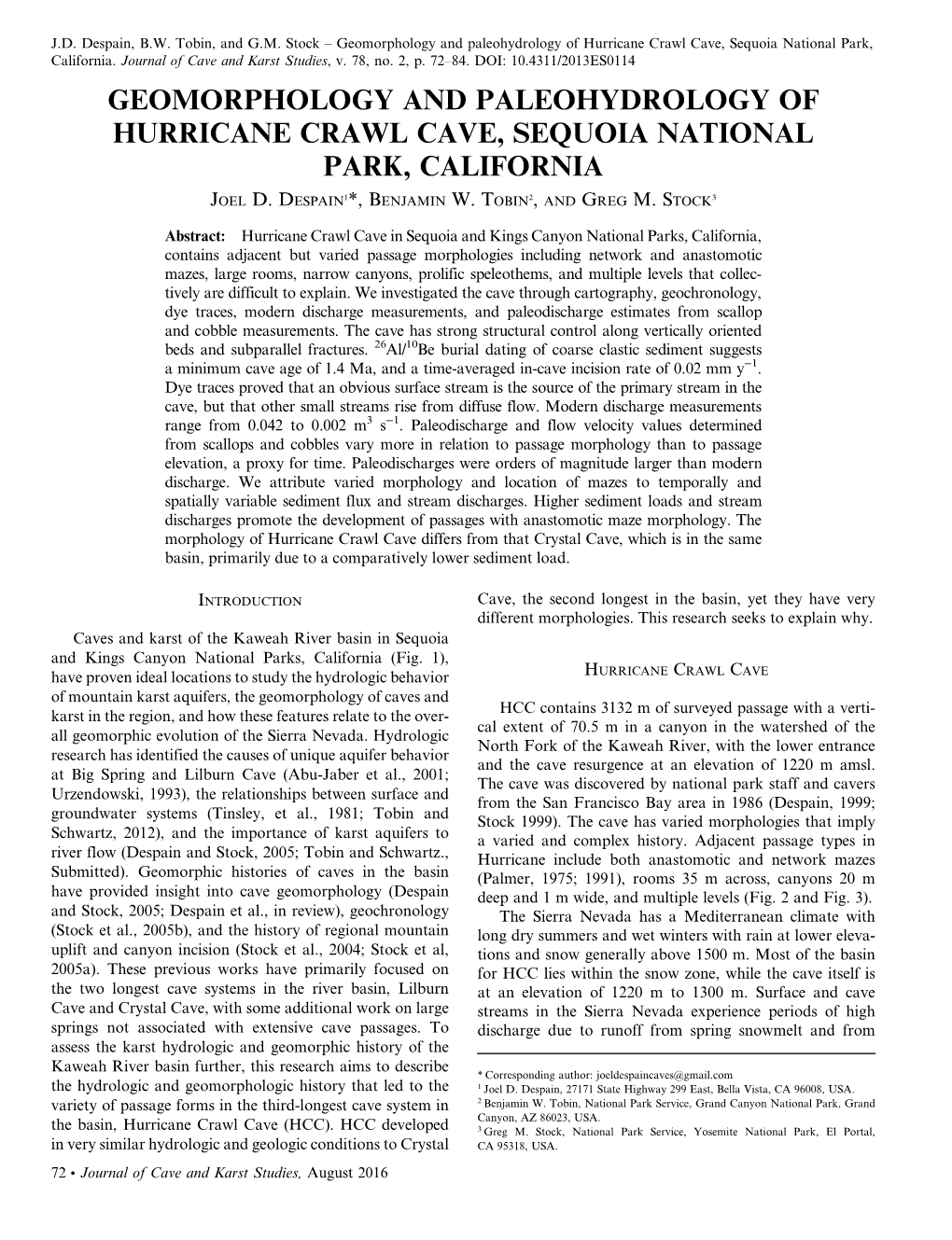 Geomorphology and Paleohydrology of Hurricane Crawl Cave, Sequoia National Park, California