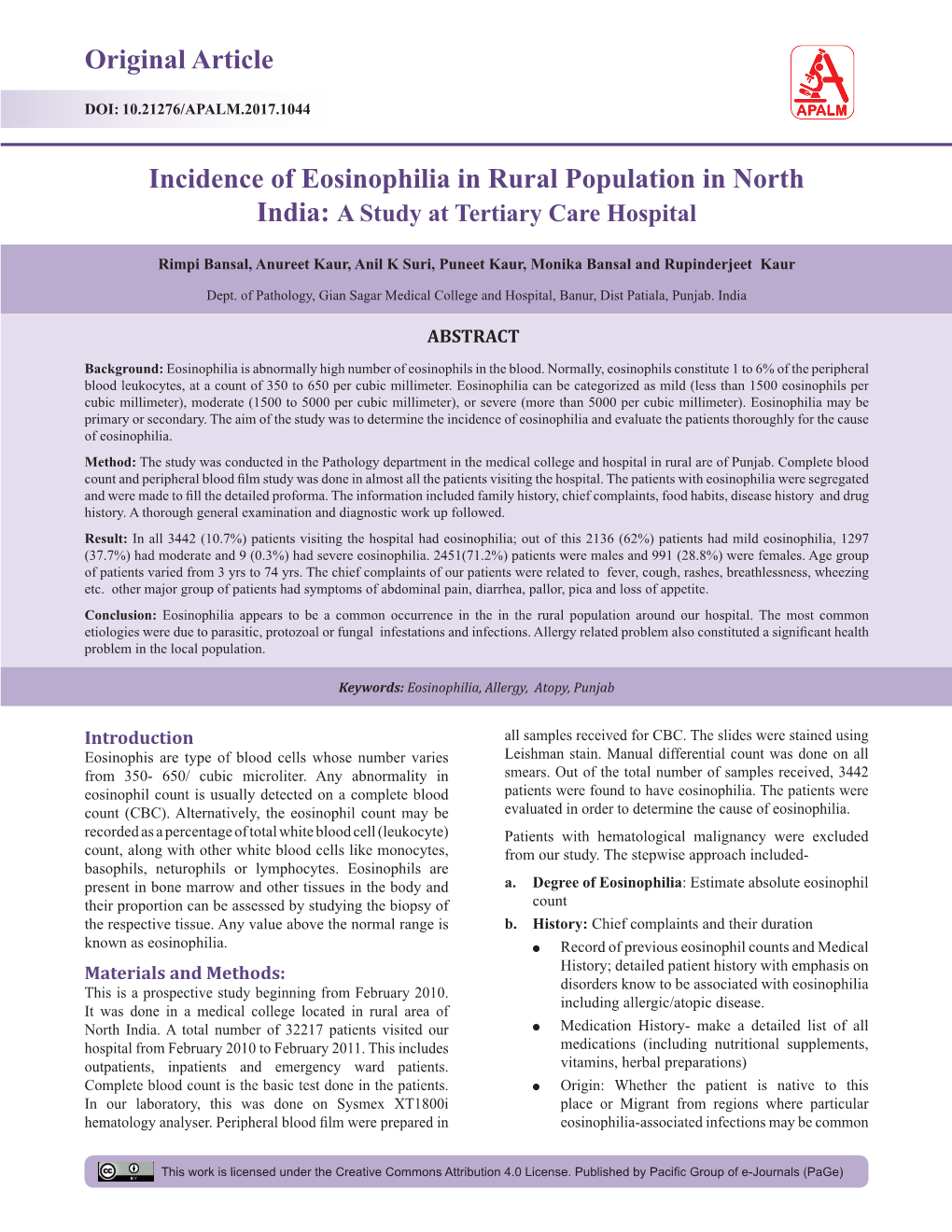 Original Article Incidence of Eosinophilia in Rural Population In