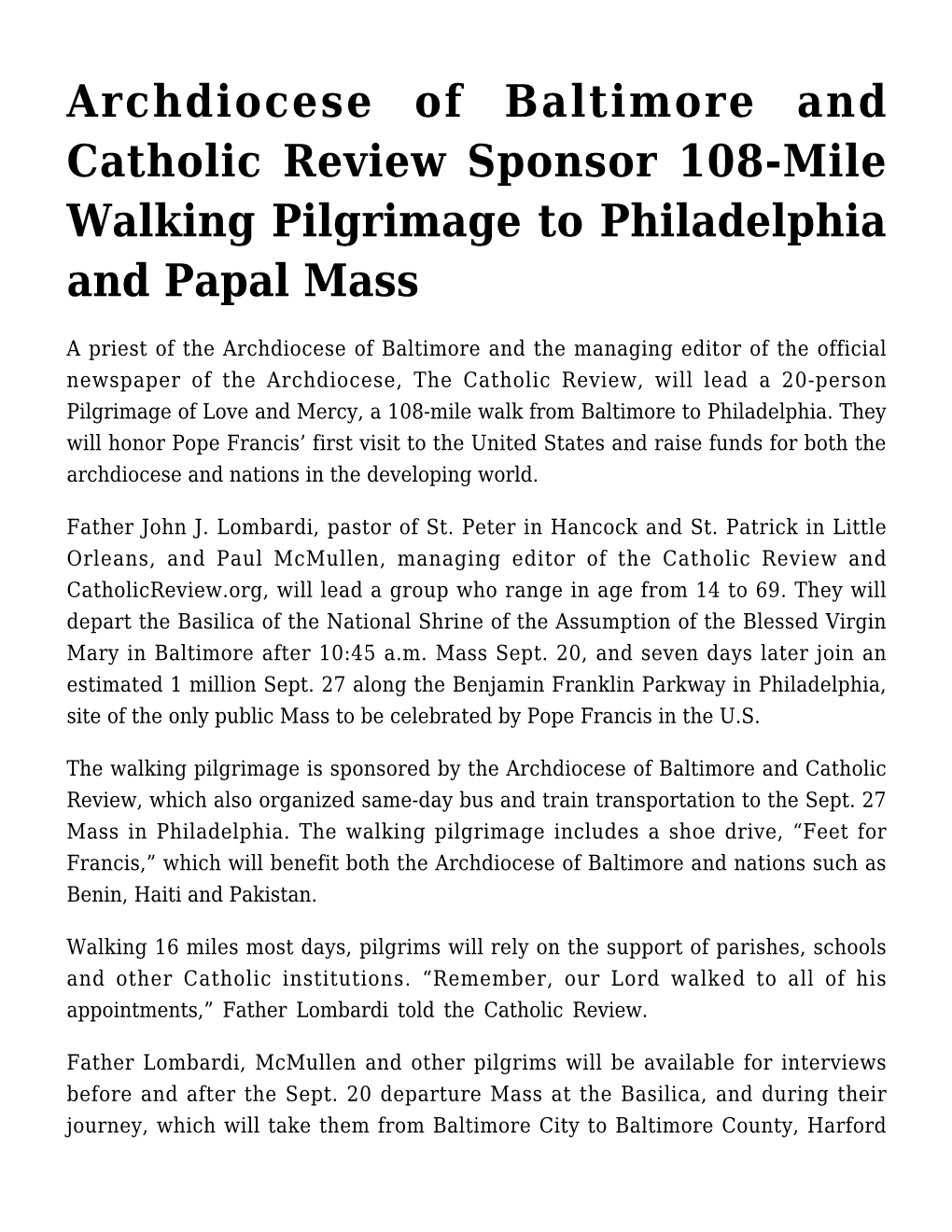 Archdiocese of Baltimore and Catholic Review Sponsor 108-Mile Walking Pilgrimage to Philadelphia and Papal Mass