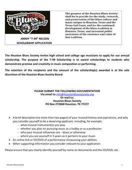 JIMMY "T-99” NELSON SCHOLARSHIP APPLICATION the Houston Blues Society Invites High School and College Age Musicians to A