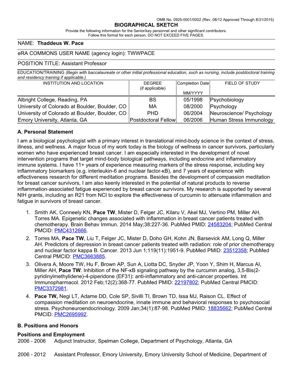 OMB No. 0925-0001/0002 (Rev. 08/12 Approved Through 8/31/2015)