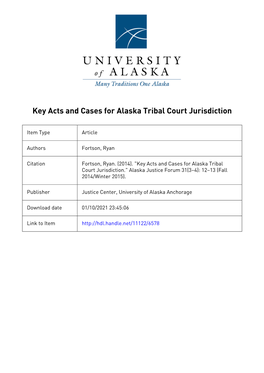 Key Acts and Cases for Alaska Tribal Court Jurisdiction