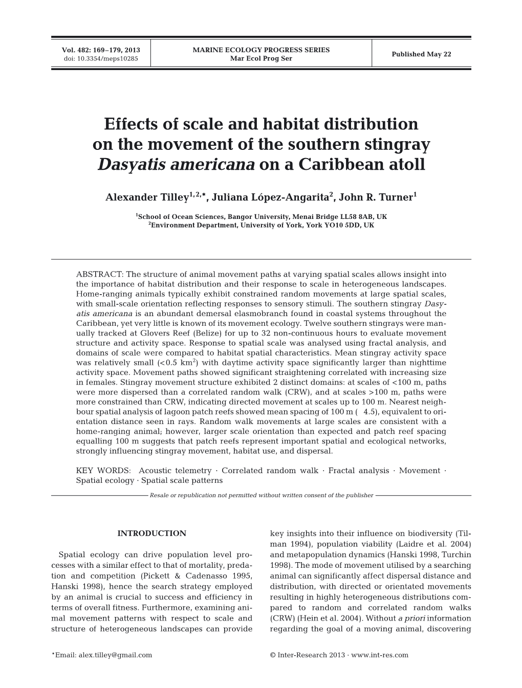 Effects of Scale and Habitat Distribution on the Movement of the Southern Stingray Dasyatis Americana on a Caribbean Atoll