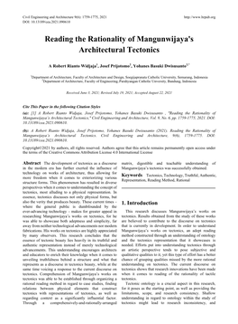 Reading the Rationality of Mangunwijaya's Architectural Tectonics