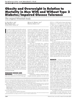 Obesity and Overweight in Relation to Mortality in Men with and Without Type 2 Diabetes/Impaired Glucose Tolerance the Original Whitehall Study
