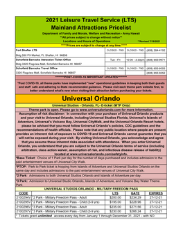 2021 Universal Orlando Pricelist