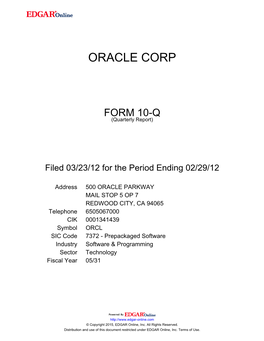 Oracle Corporation (Exact Name of Registrant As Specified in Its Charter)