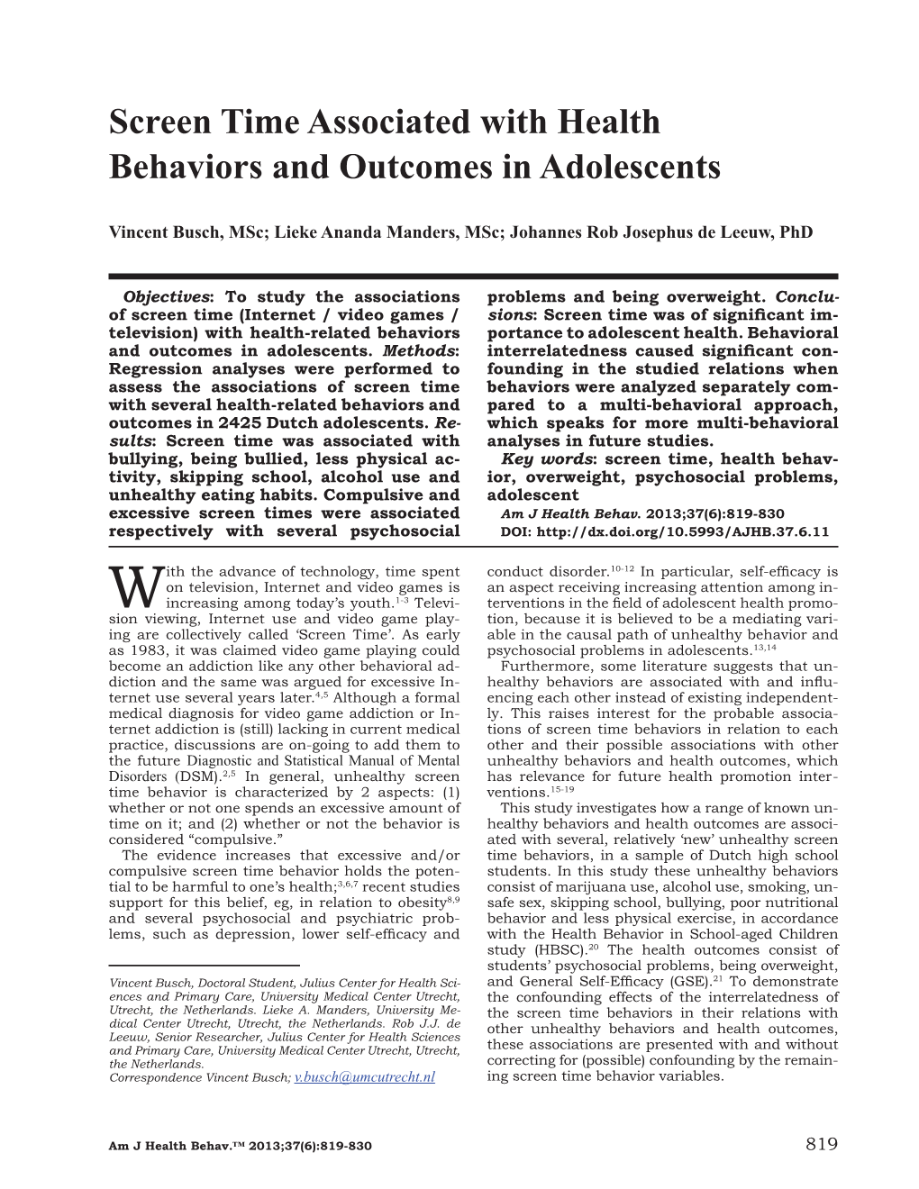 Screen Time Associated with Health Behaviors and Outcomes in Adolescents