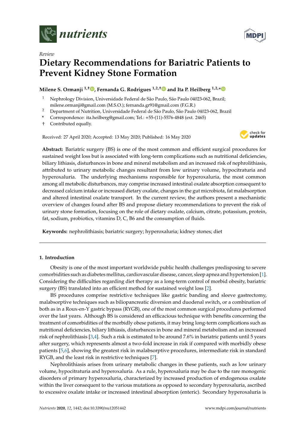 Dietary Recommendations for Bariatric Patients to Prevent Kidney Stone Formation