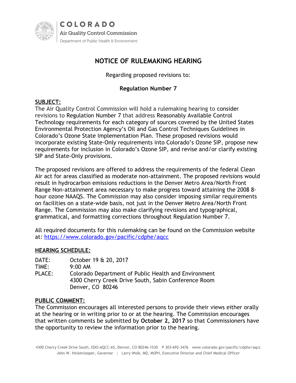 Notice of Public Rulemaking Hearing