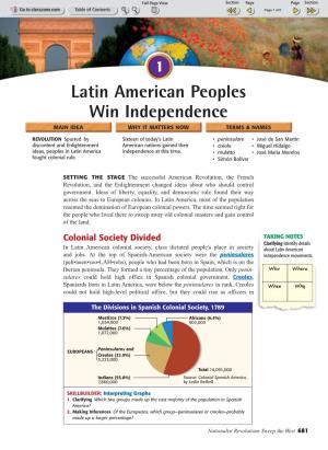 Latin American Peoples Win Independence MAIN IDEA WHY IT MATTERS NOW TERMS & NAMES