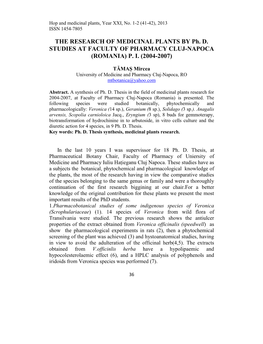 THE RESEARCH of MEDICINAL PLANTS by Ph. D. STUDIES at FACULTY of PHARMACY CLUJ-NAPOCA (ROMANIA) P